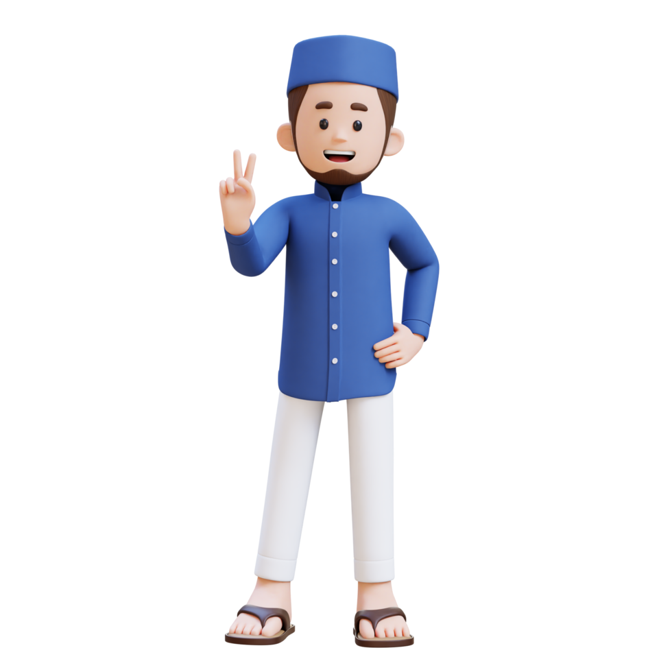 3D Characters of Muslim Man give peace hand sign perfect for banner, web dan marketing material png