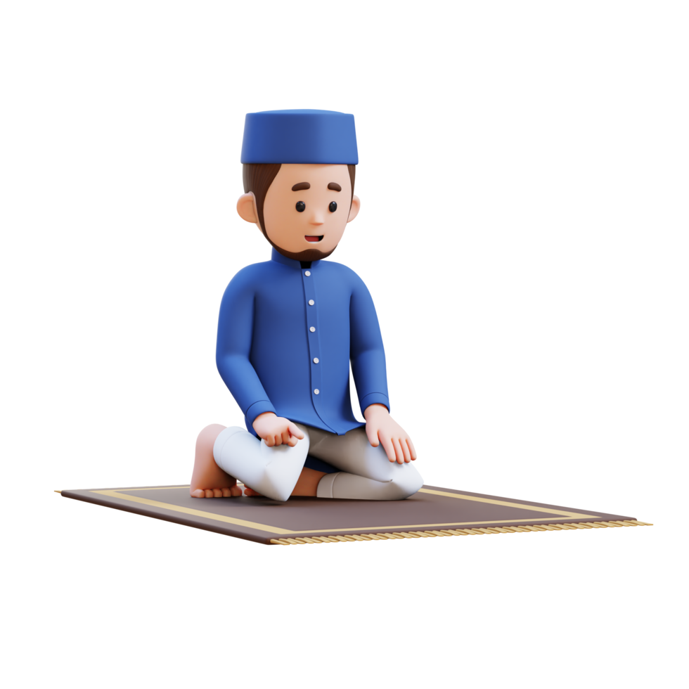 3d personnages de musulman homme est tahiyat séance pendant prière dans Ramadan parfait pour bannière, la toile dan commercialisation Matériel png