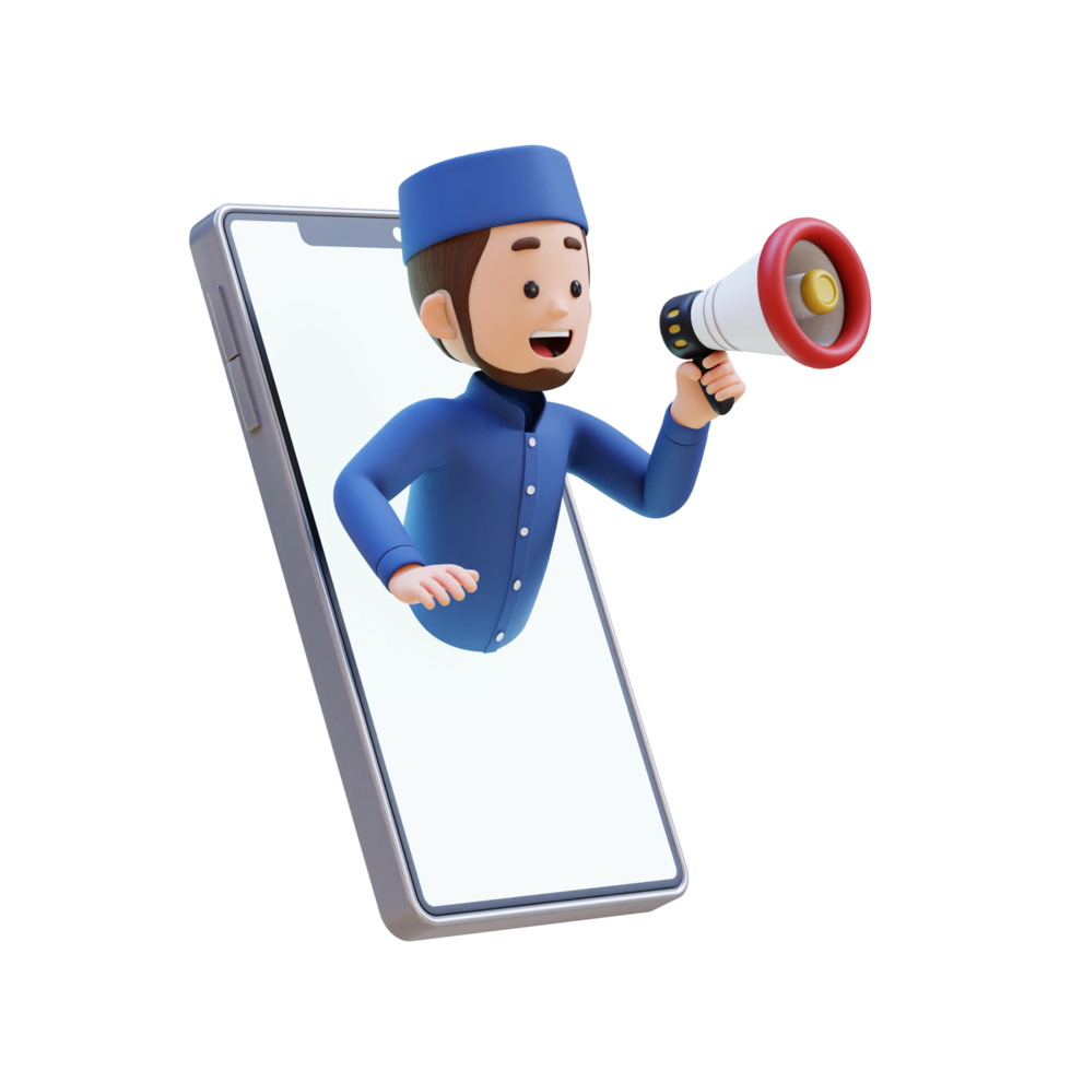 3D Characters of Muslim Man holding  megaphone and jump out from phone screen perfect for banner, web dan marketing material png