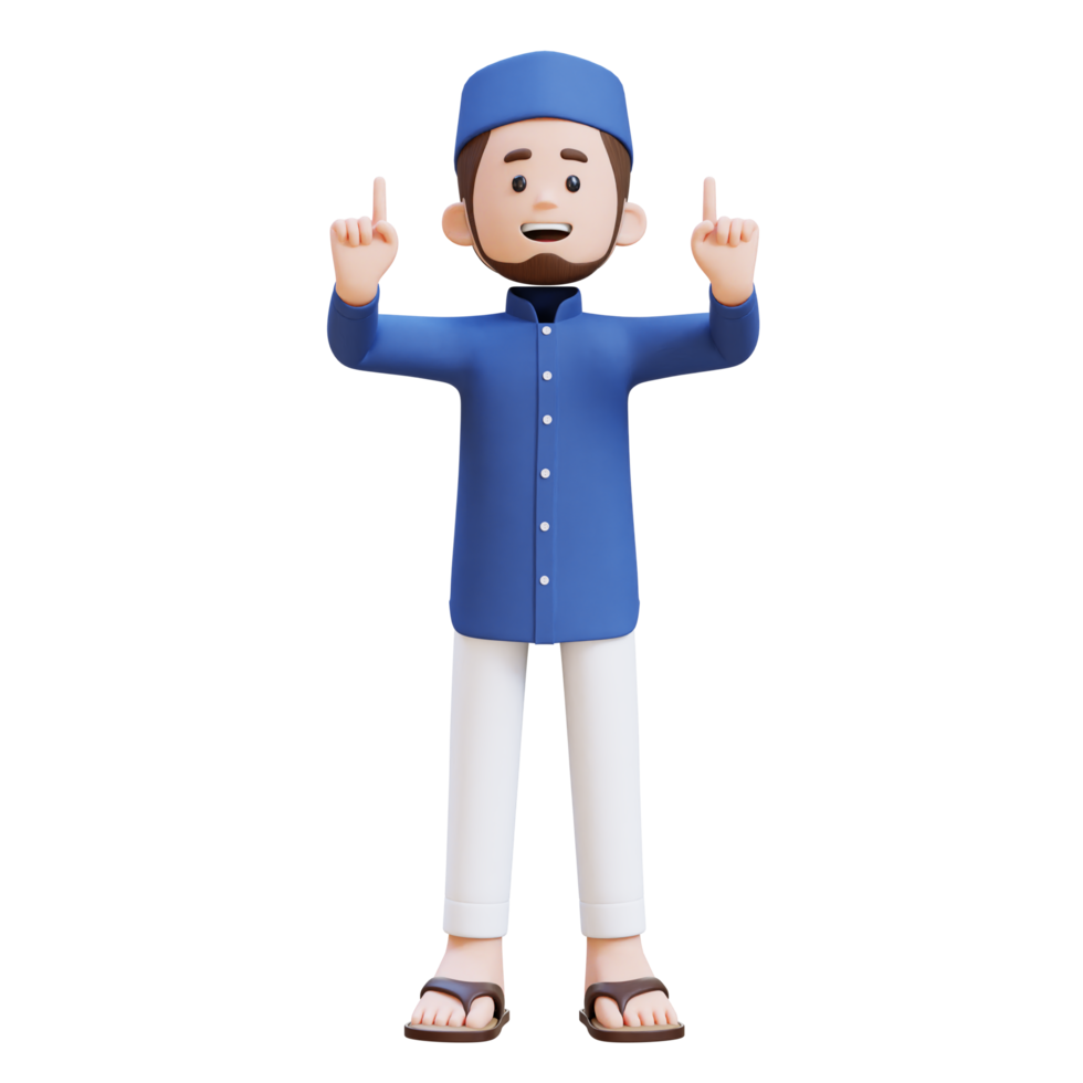 3d personagens do muçulmano homem apontando acima perfeito para bandeira, rede dan marketing material png