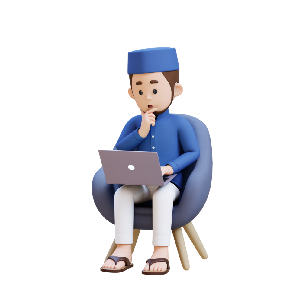3D Characters of Muslim Man sit on sofa confuse thinking and working on a laptop perfect for banner, web dan marketing material png