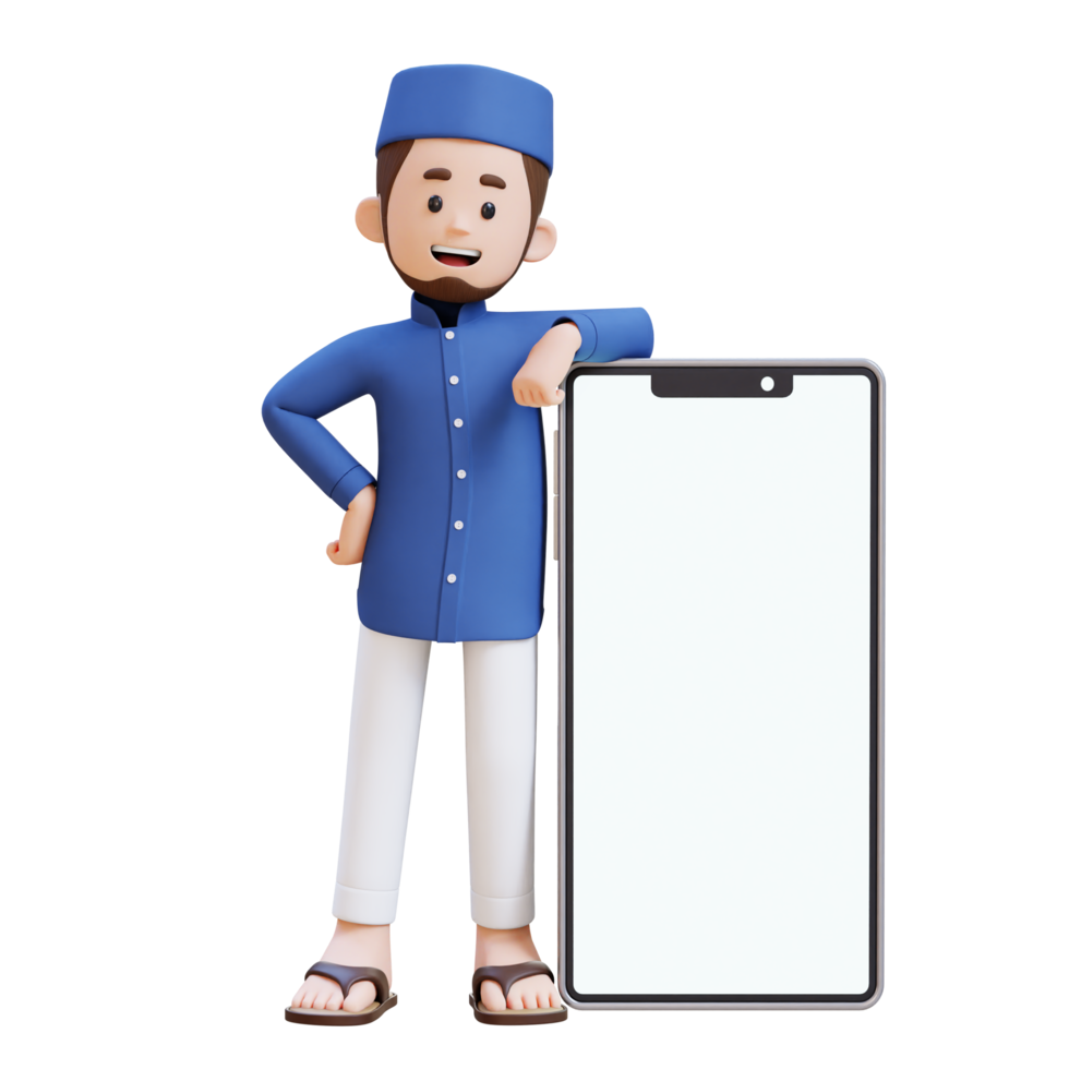 3D Characters of Muslim Man laying on big empty phone screen perfect for banner, web dan marketing material png