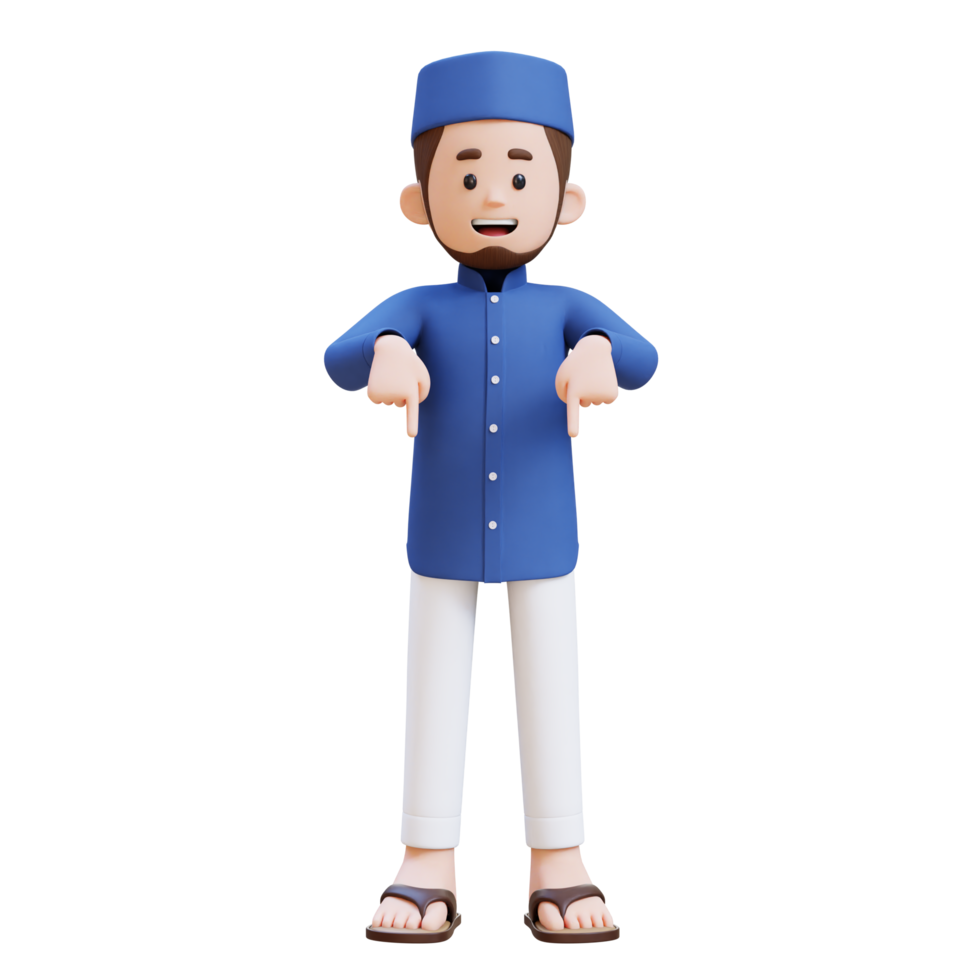 3D Characters of Muslim Man pointing to bottom perfect for banner, web dan marketing material png