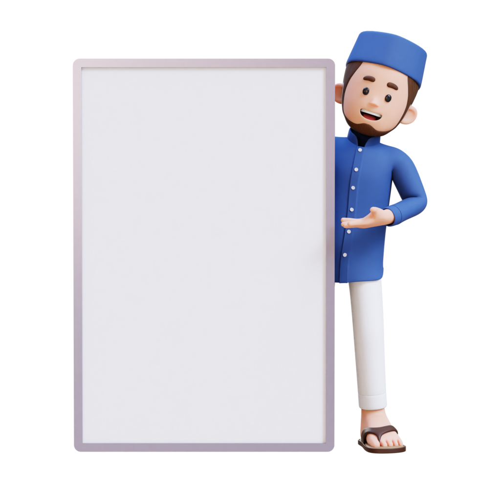 3D Characters of Muslim Man presenting on blank placard perfect for banner, web dan marketing material png