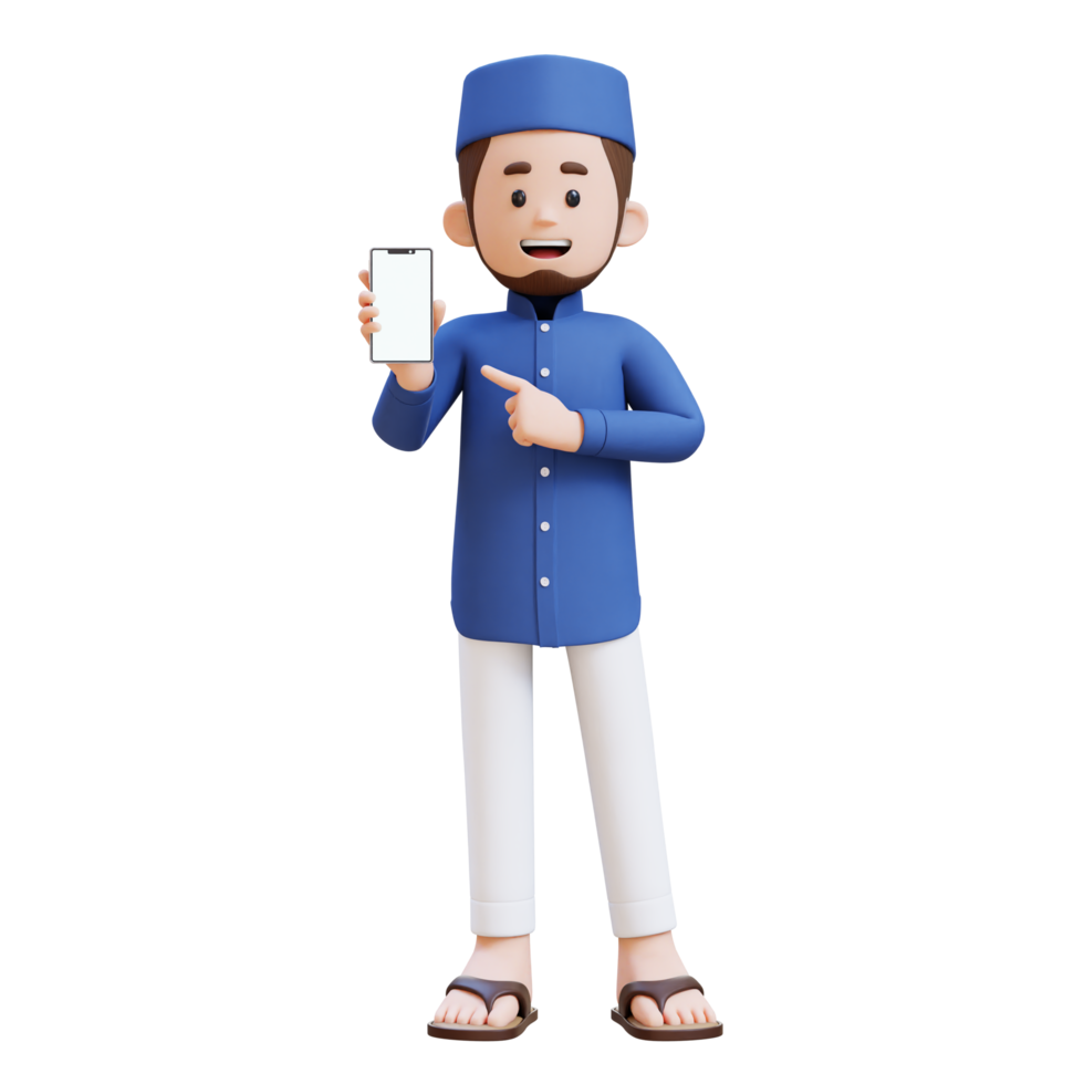 3D Characters of Muslim Man pointing to empty phone screen perfect for banner, web dan marketing material png