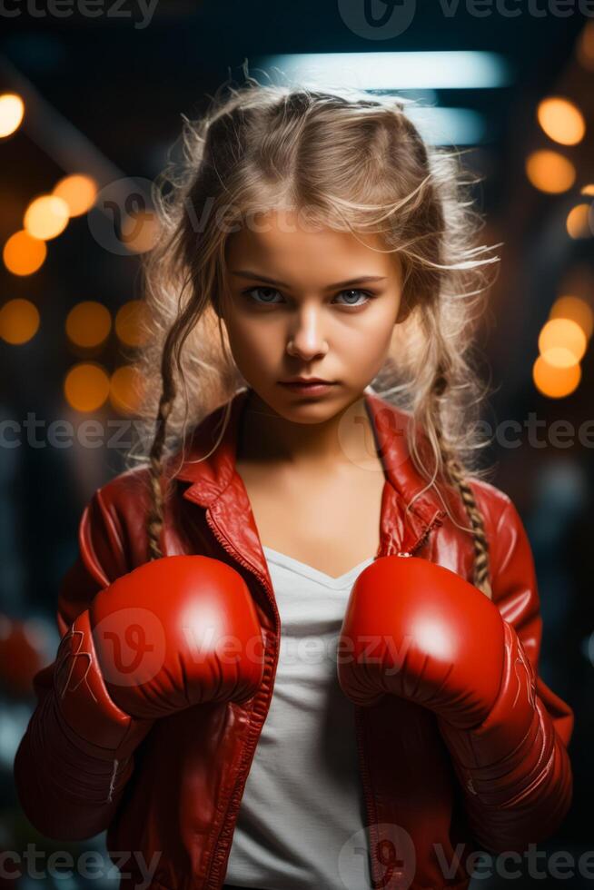 ai generado joven niña vistiendo rojo boxeo guantes y blanco camisa. generativo ai foto