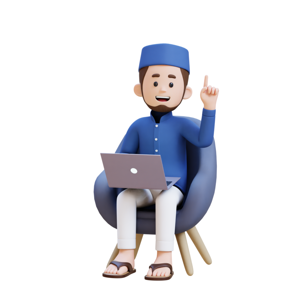 3D Characters of Muslim Man working on a laptop and pointing up perfect for banner, web dan marketing material png