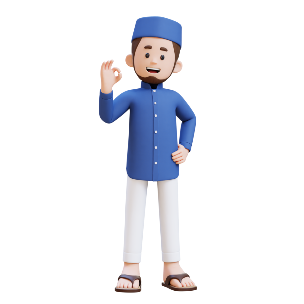 3D Characters of Muslim Man give OK sign hand pose perfect for banner, web dan marketing material png