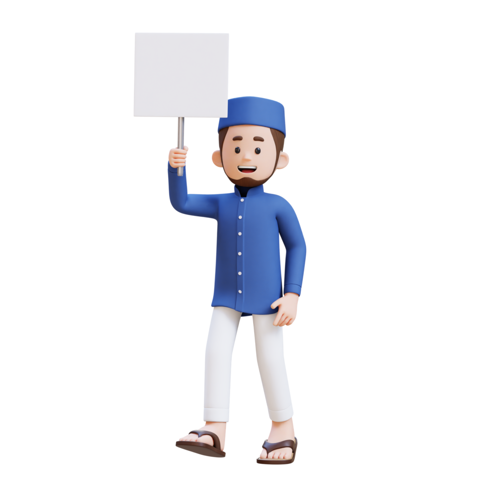 3D Characters of Muslim Man holding empty placard while walking perfect for banner, web dan marketing material png