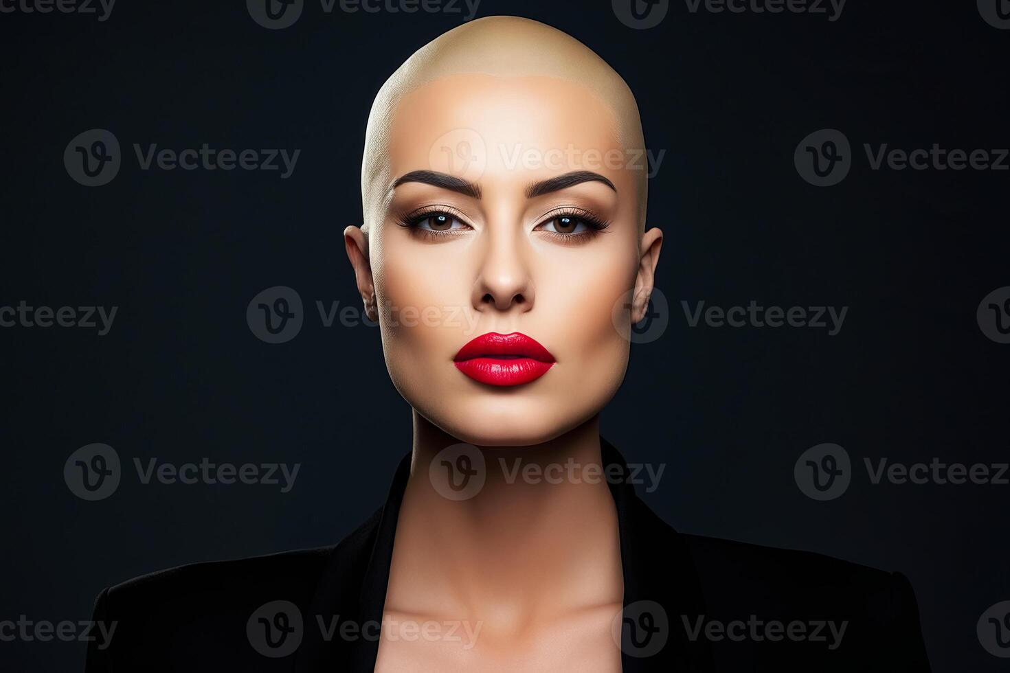 AI generated Woman with bald head and red lipstick on her lips. Generative AI photo