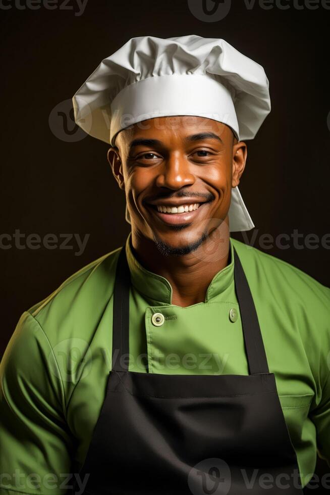 AI generated Man in chef's hat smiling for picture. Generative AI photo