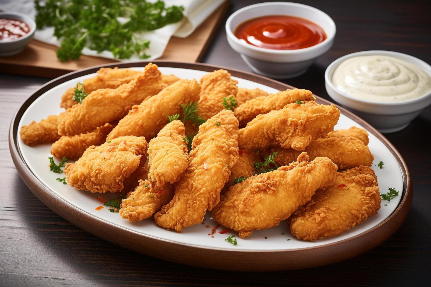 AI generated Art of Balance Hyper-Detailed Chicken Tenders on Gourmet Presentation photo