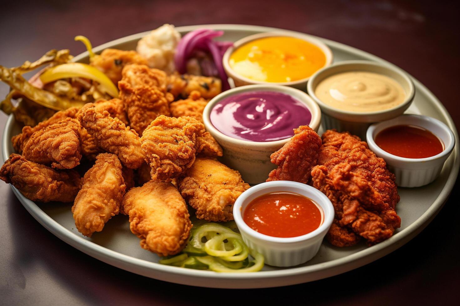 AI generated Dip Palette Macro View of Hyper-Realistic Tender and Sauce Array photo