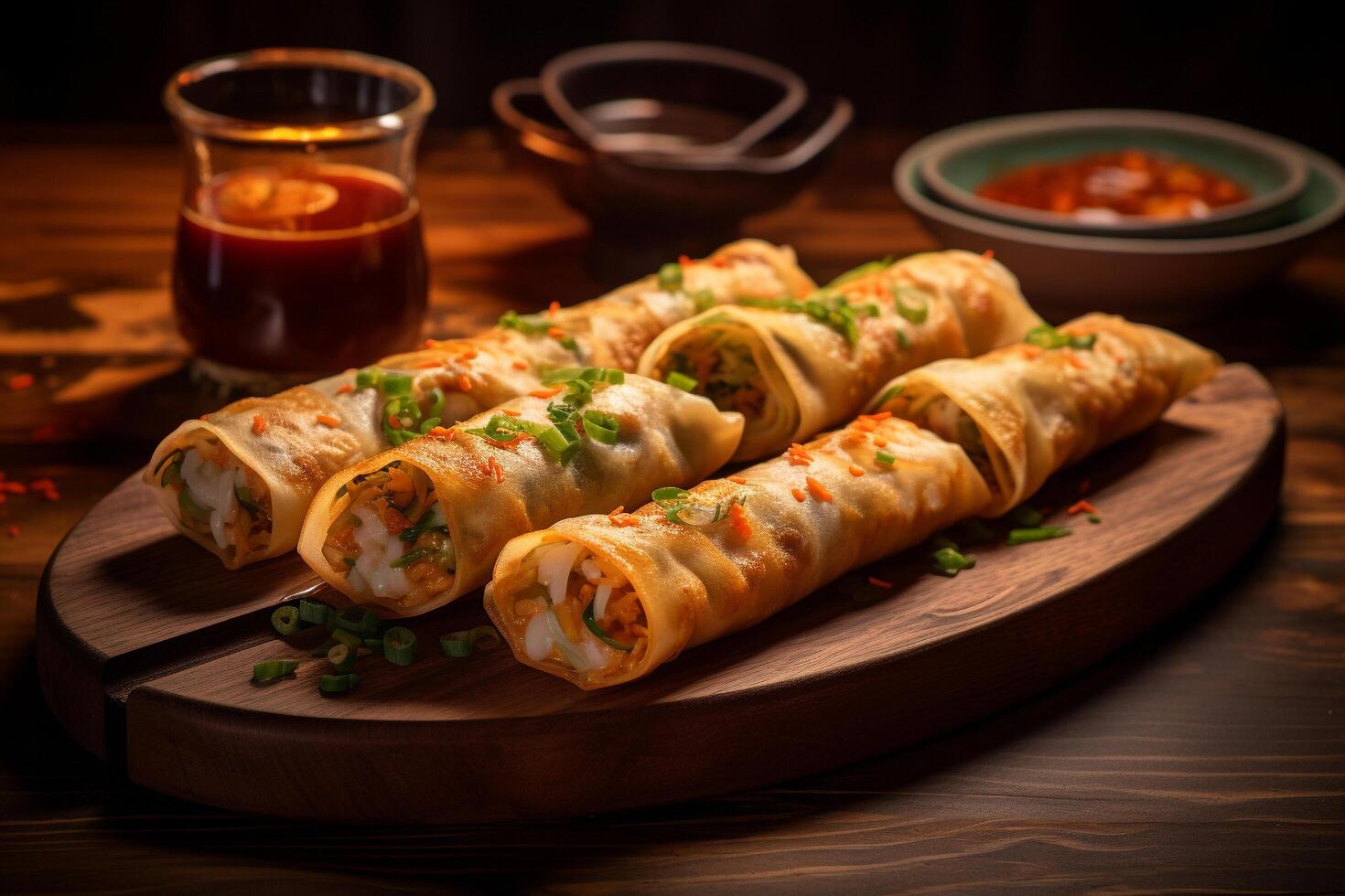 AI generated Rustic Fusion Cinematic Elegance of Multicolor Egg Rolls on Wood photo