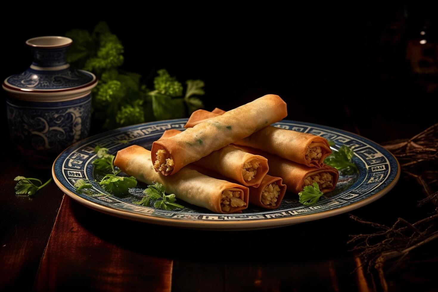 AI generated Flavors in Focus A Cinematic Exploration of Exquisite Egg Roll Artistry photo