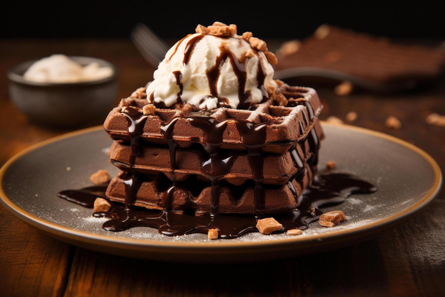 AI generated Texture Play Cocoa, Nuts, and Ice Cream Adorn Chocolate Waffles photo