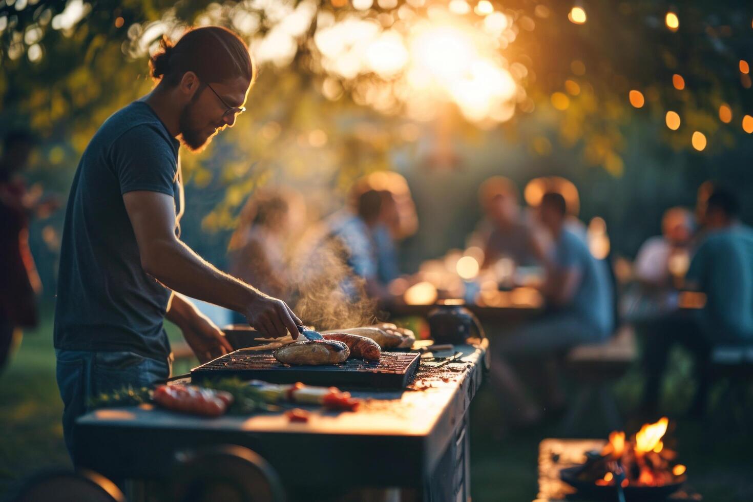 AI generated man who enjoys spending time with friends at outdoor backyard barbecue. photo