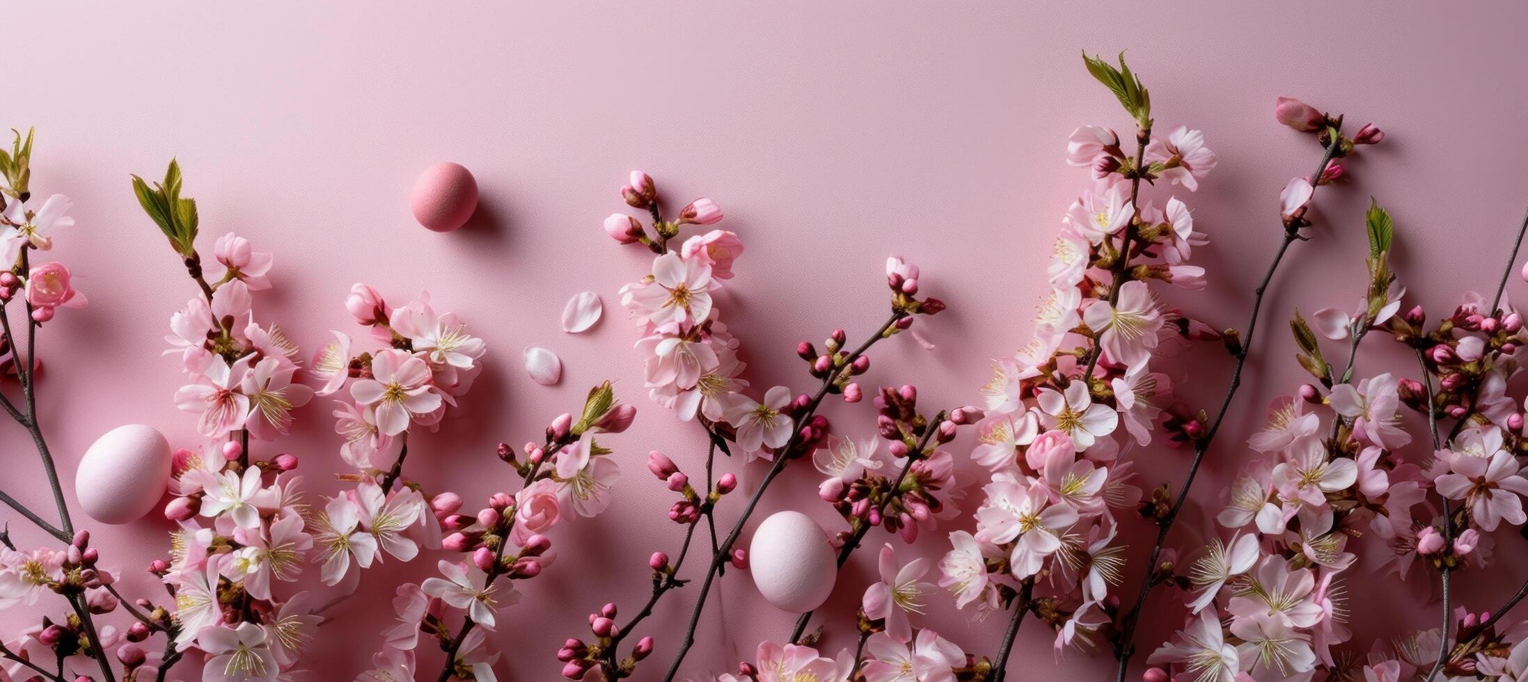 AI generated a pink border covered with pink flowers and eggs photo