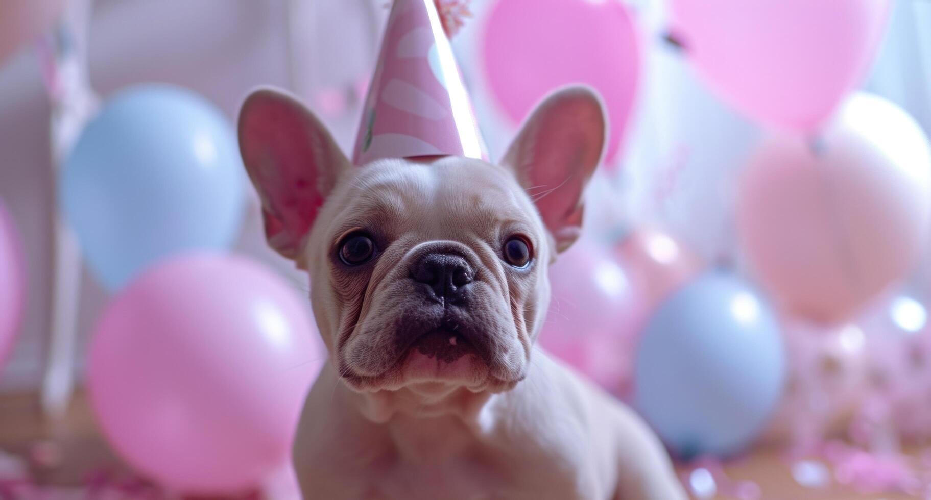 AI generated a little french bulldog wearing a birthday hat photo