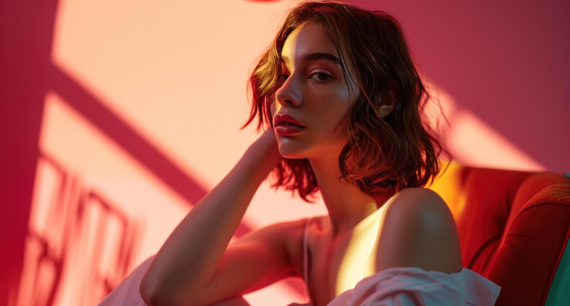 AI generated a beautiful young woman is sitting in a brightly colored chair photo
