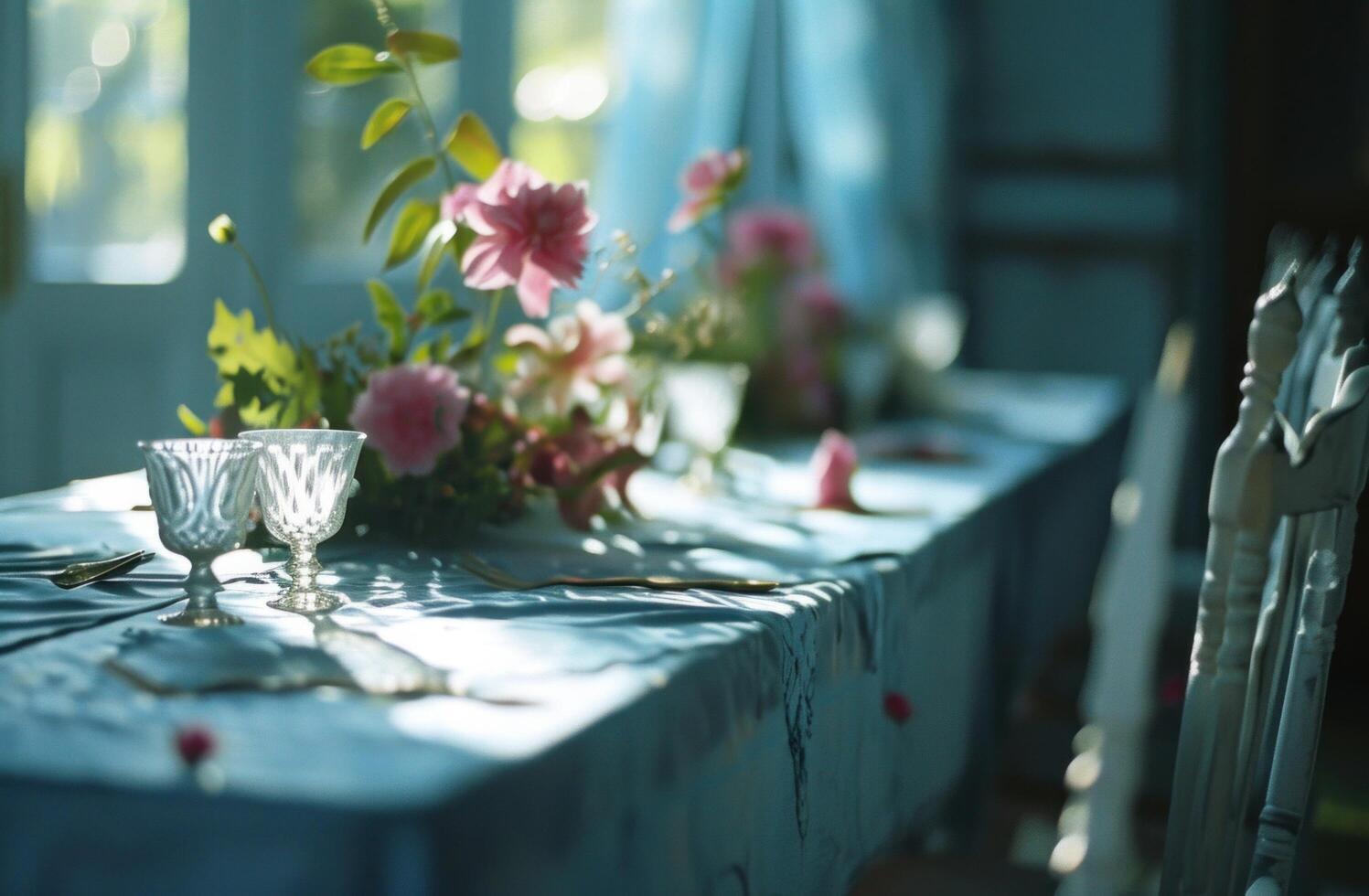 AI generated a blue table cloth with white chairs and pink flowers photo