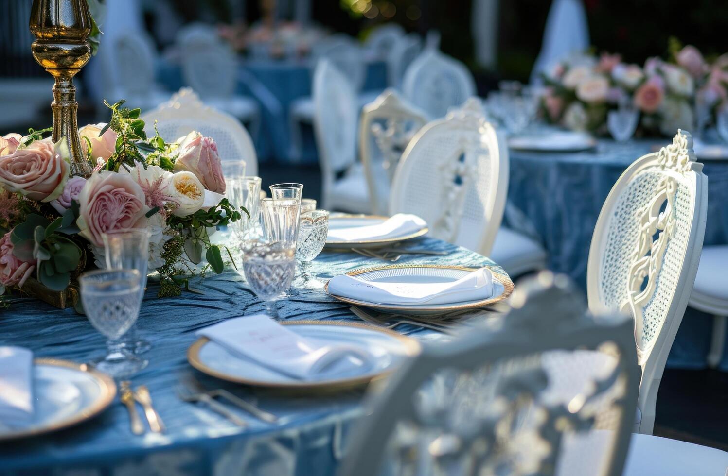 AI generated a blue table cloth with white chairs and pink flowers photo