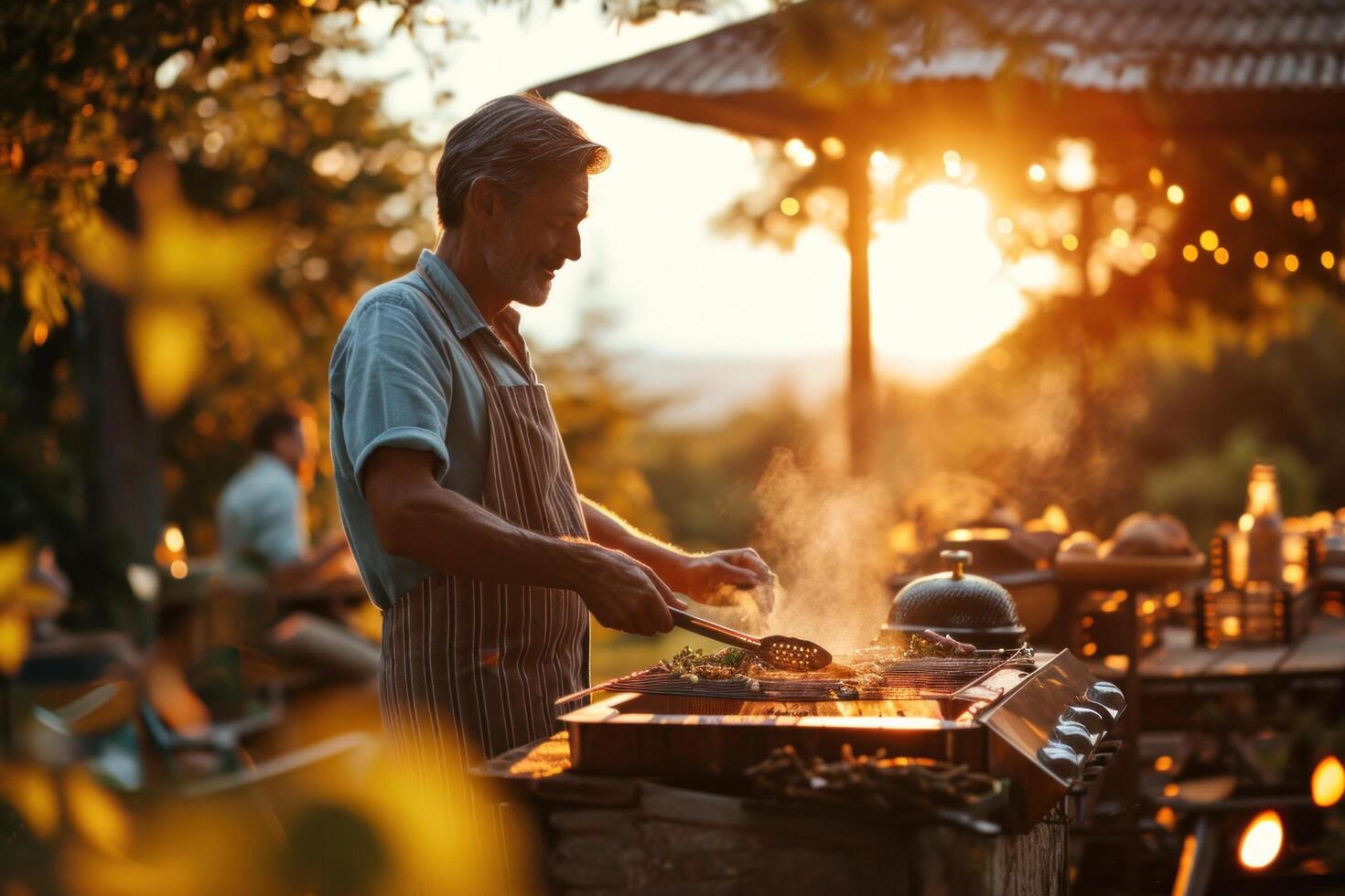 ai generado hombre quien disfruta gasto hora con amigos a al aire libre patio interior parilla. foto