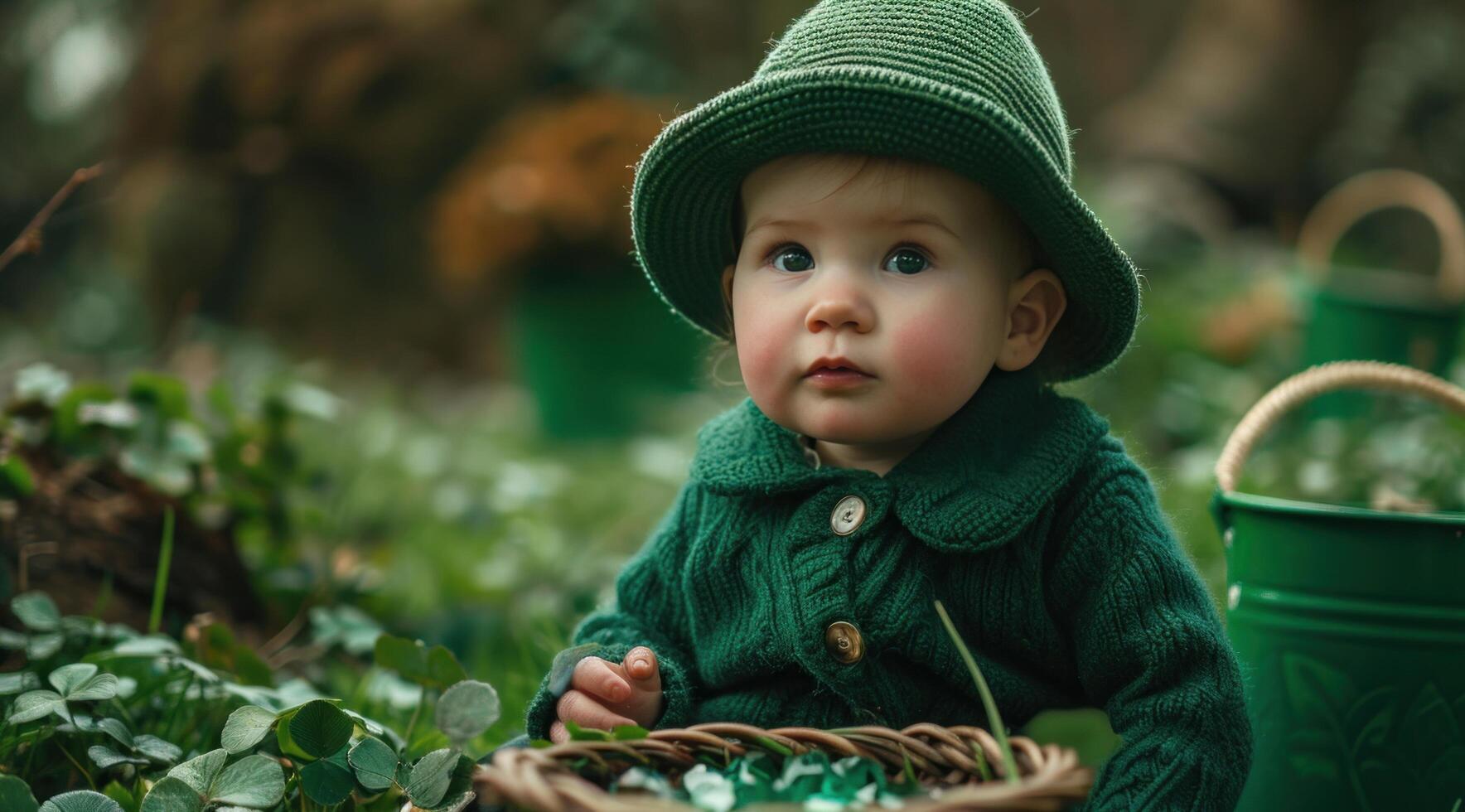 AI generated a baby sitting in front of emeralds and pails on st patricks day photo