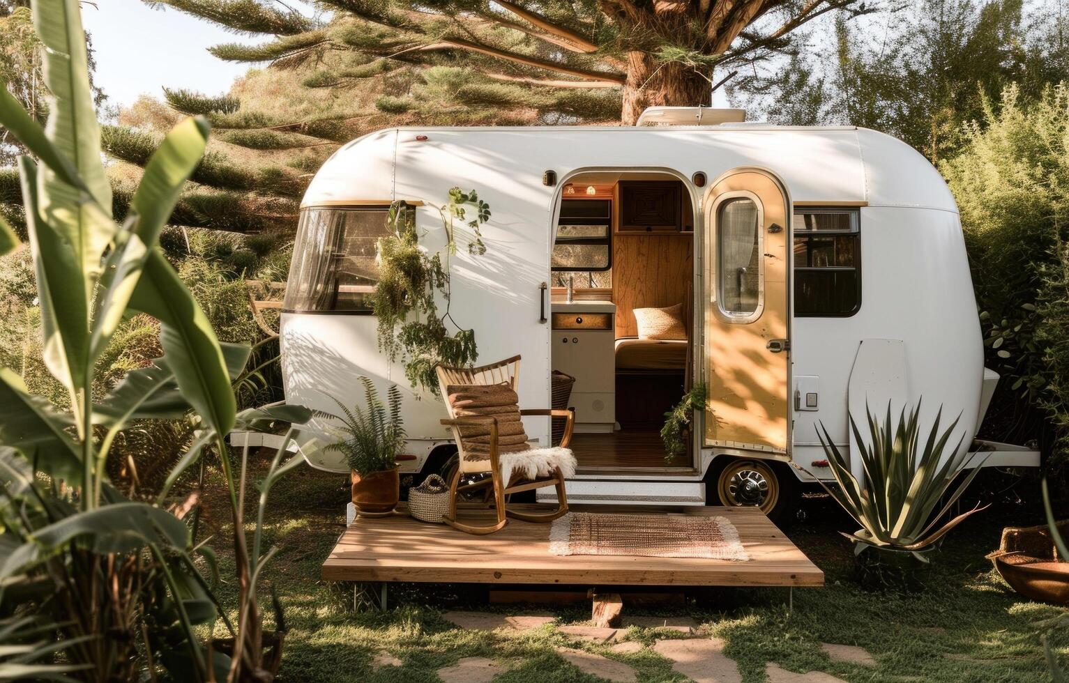 AI generated a small white rv has a wooden deck overlooking the lawn photo