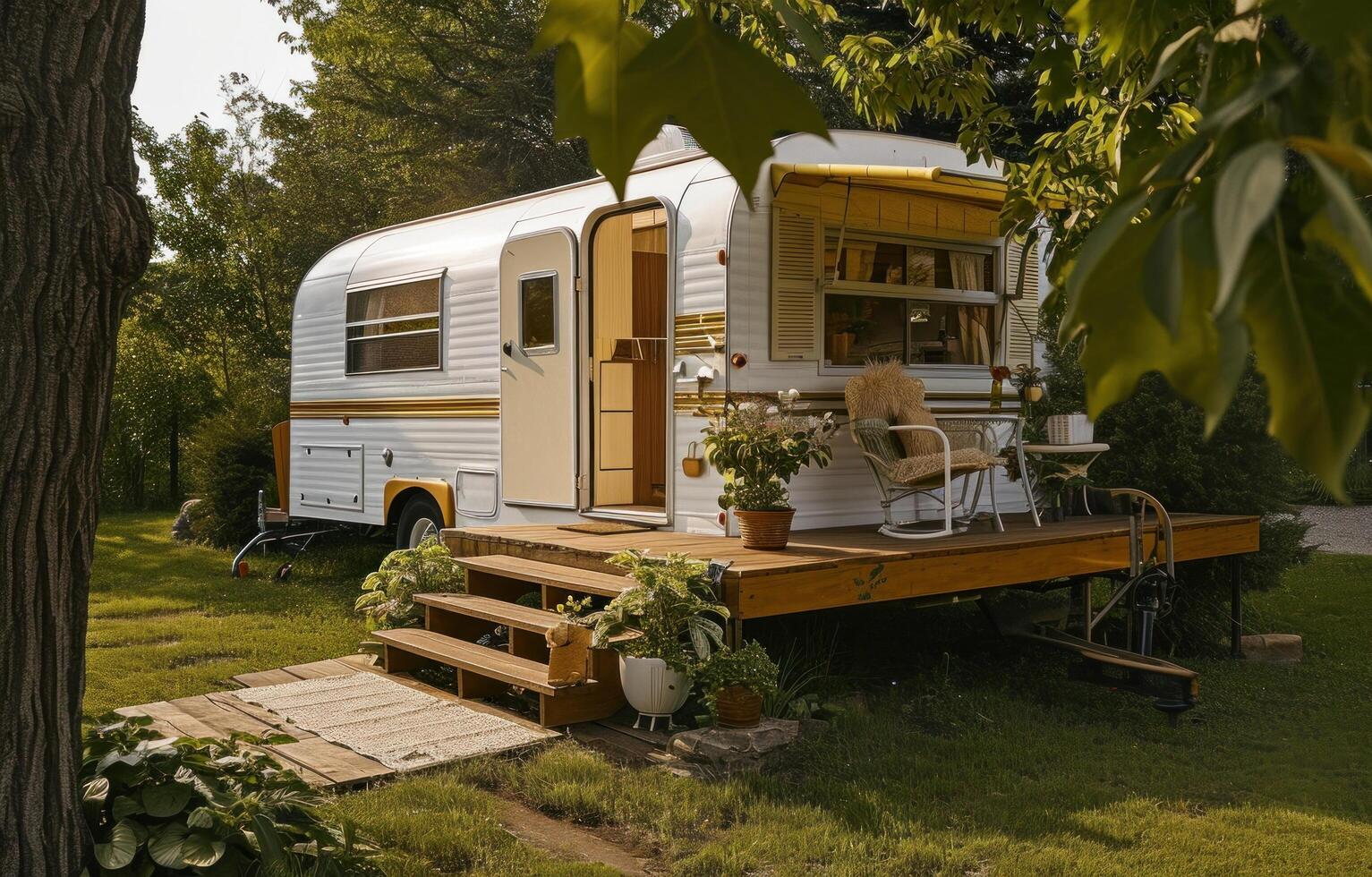 AI generated a small white rv has a wooden deck overlooking the lawn photo