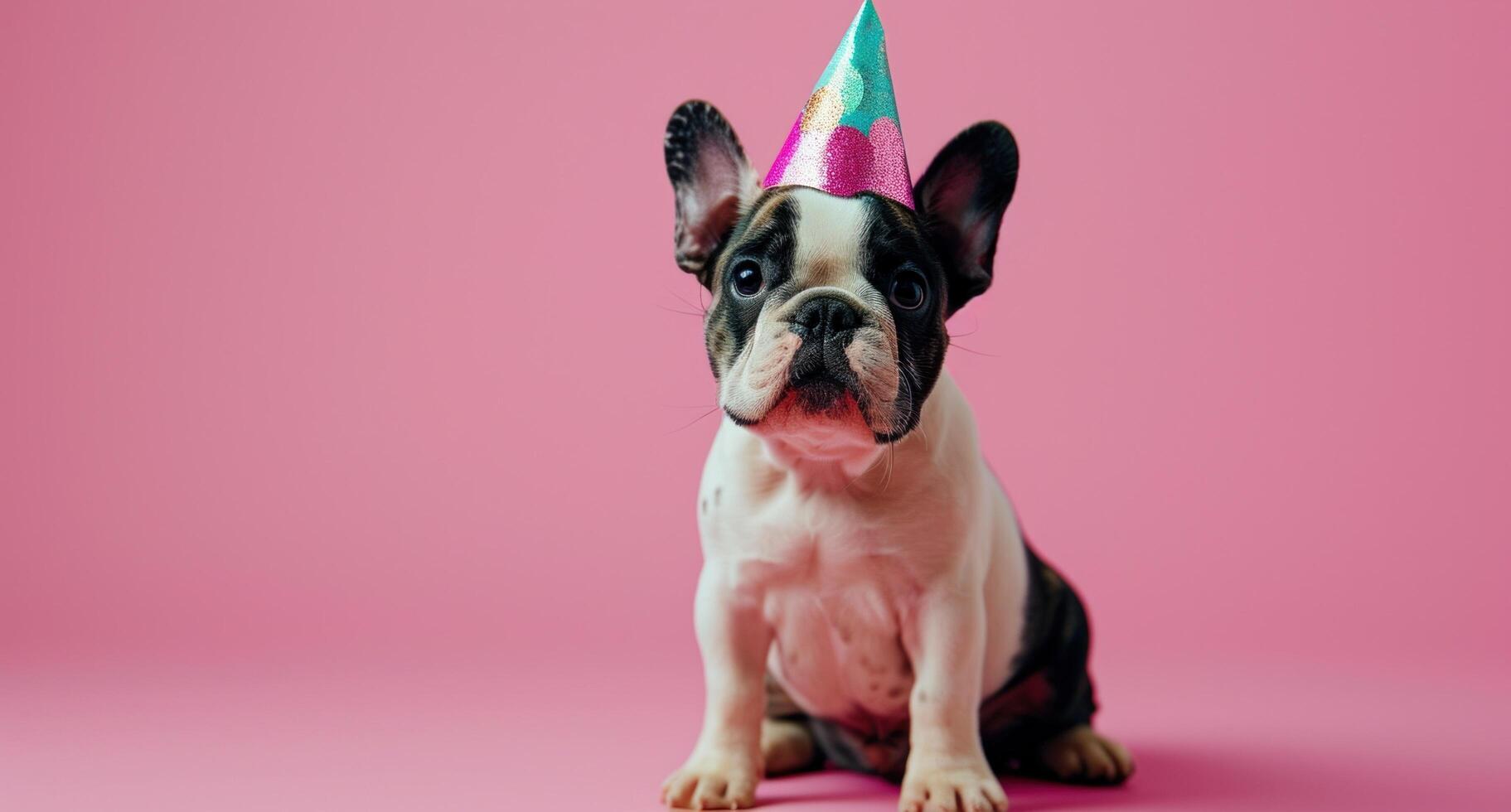 AI generated a little french bulldog wearing a birthday hat photo