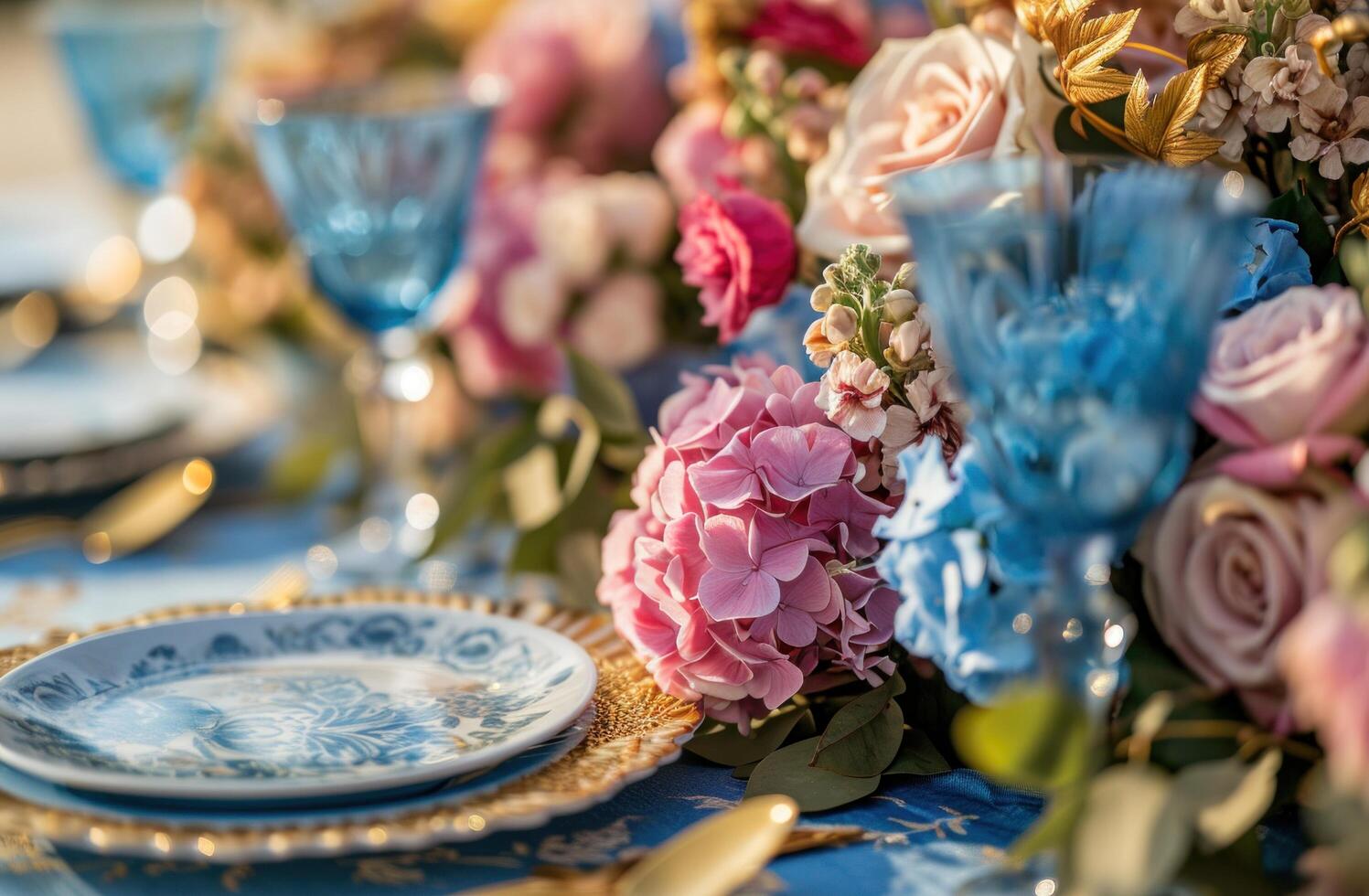 AI generated a table setup with pink and blue flowers photo