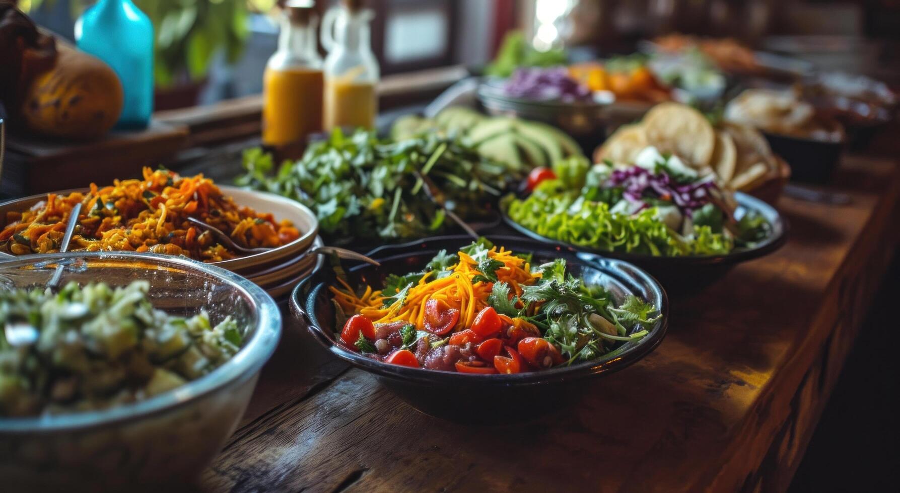 AI generated a table has several salads arranged on it photo