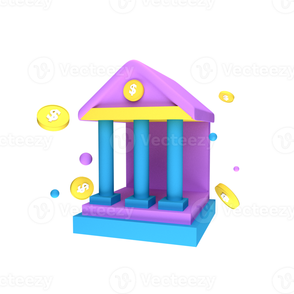 3d illustration of the central bank building with coin and crypto currency icons, for 3d bank icons or illustrations. 3d rendering png