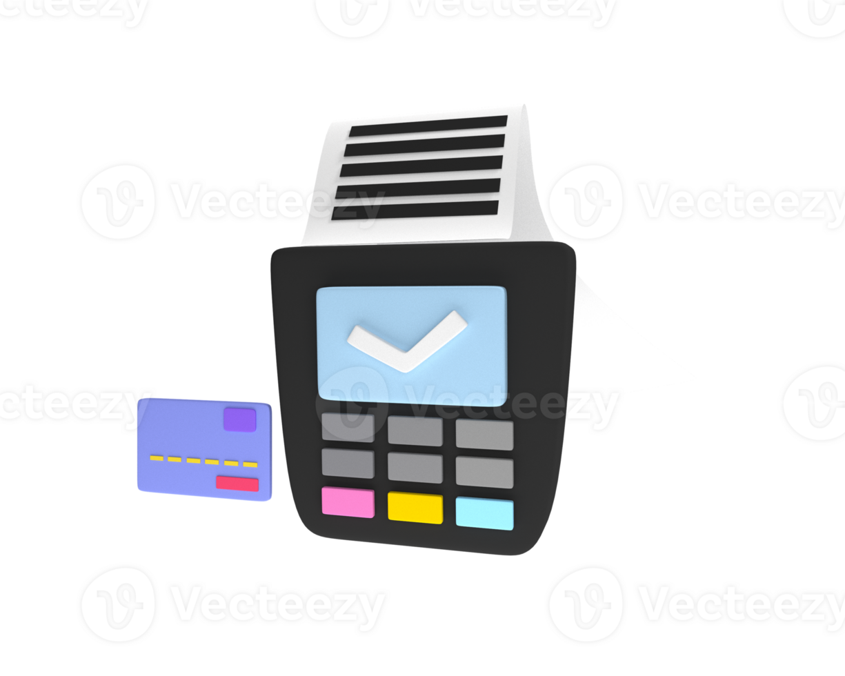 3d illustration de un edc machine impression Reçus en utilisant crédit Paiement méthodes. Paiement versements. financier technologie. 3d rendre concept png