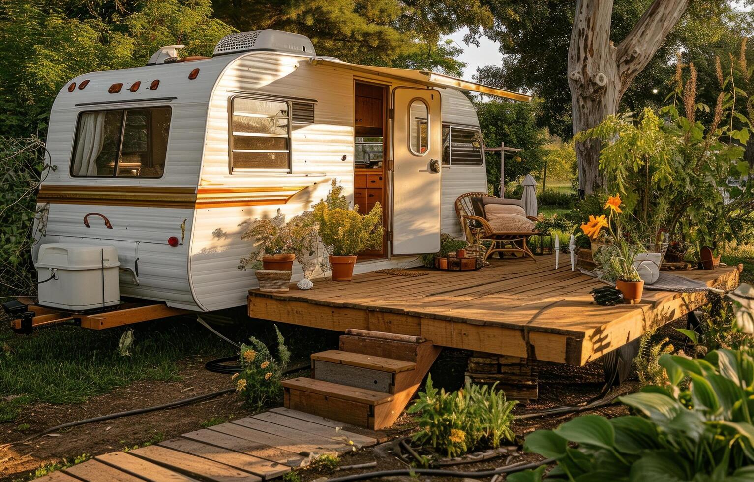 AI generated a small white rv has a wooden deck overlooking the lawn photo