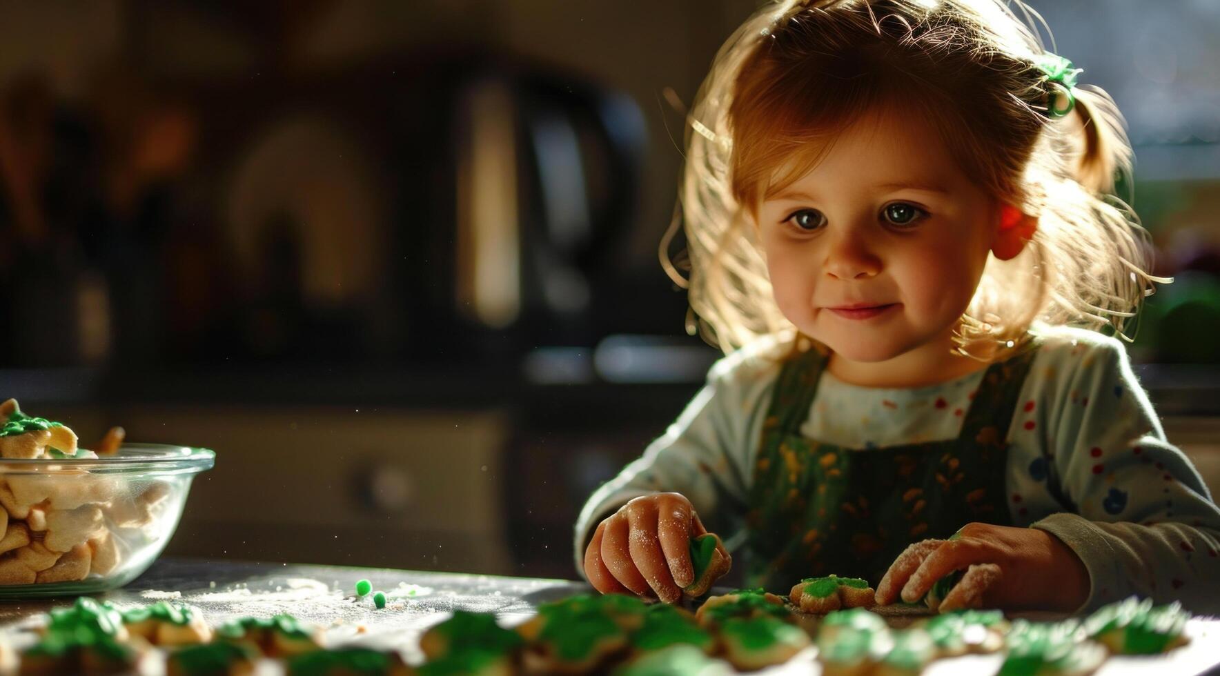 AI generated a young child playing with shamrock cookies. photo