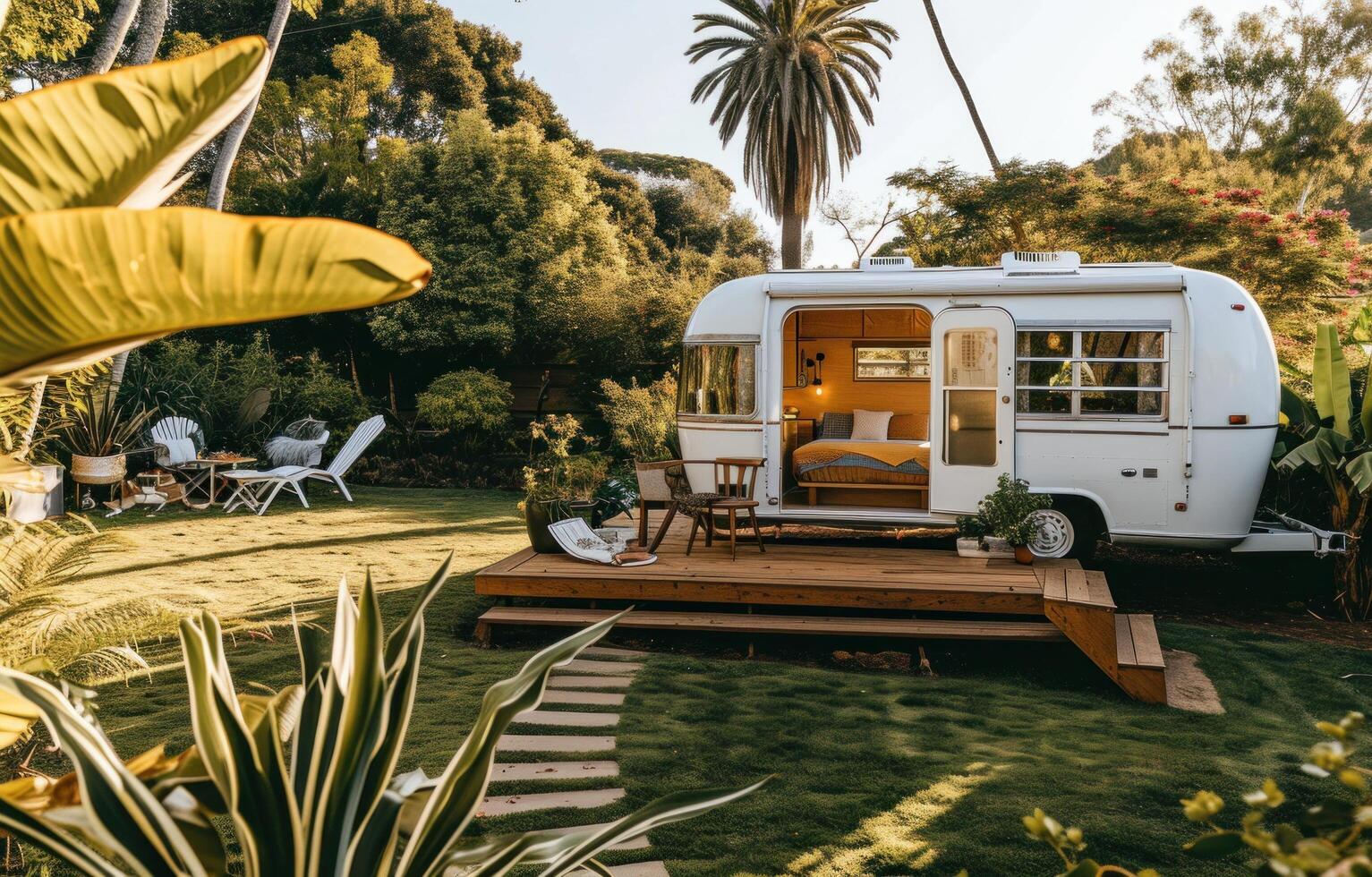 AI generated a small white rv has a wooden deck overlooking the lawn photo