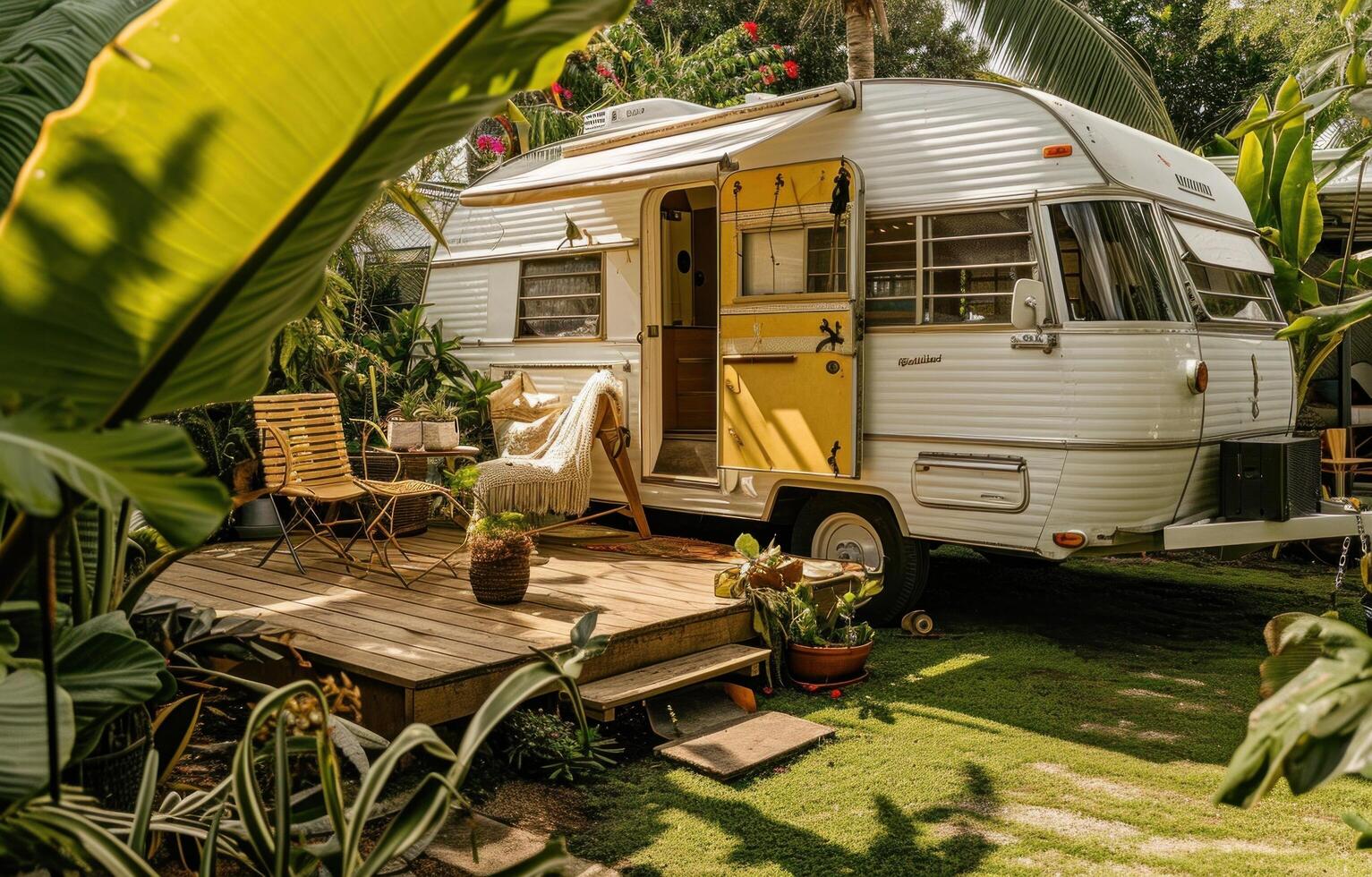 AI generated a small white rv has a wooden deck overlooking the lawn photo