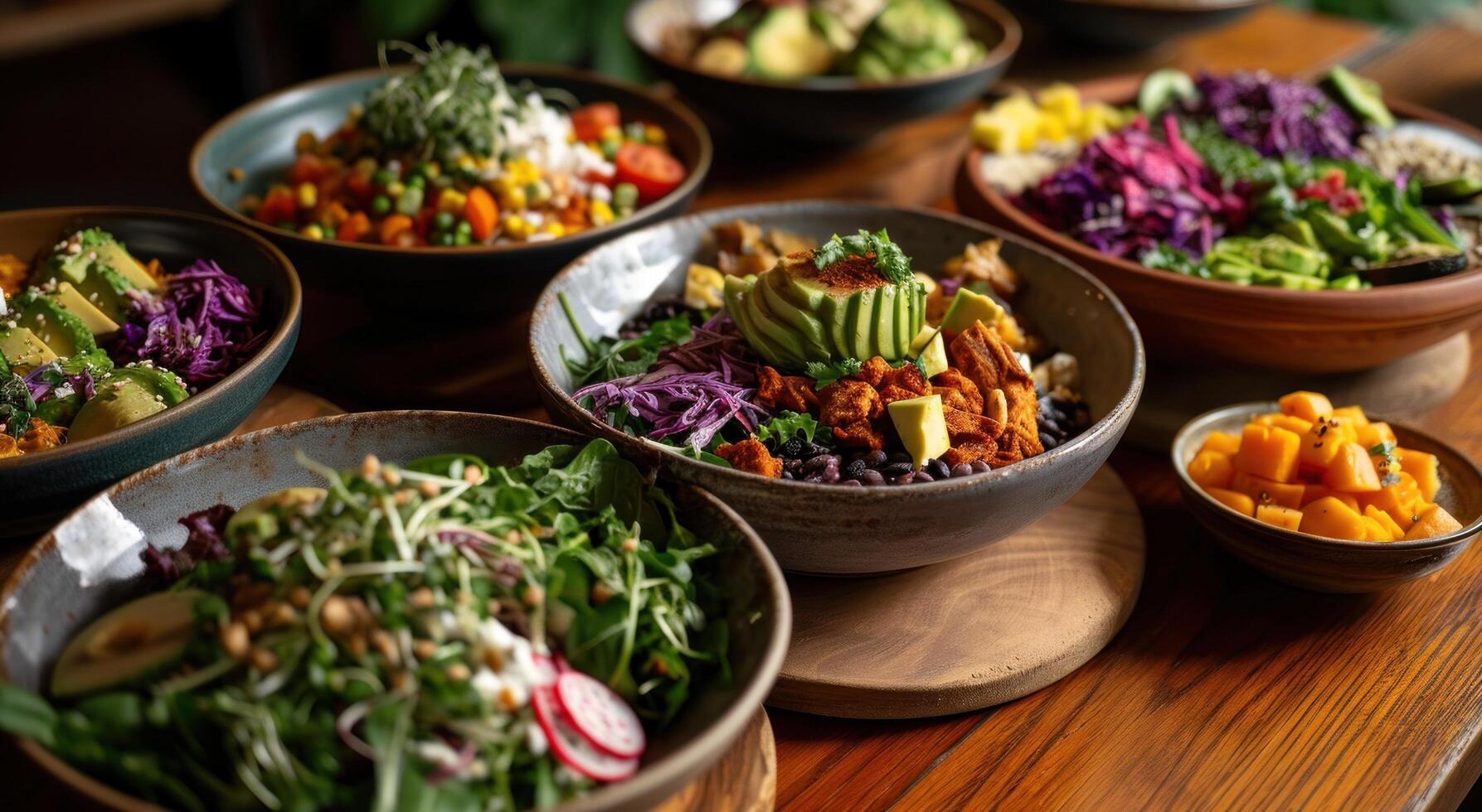 AI generated a table with healthy salads photo