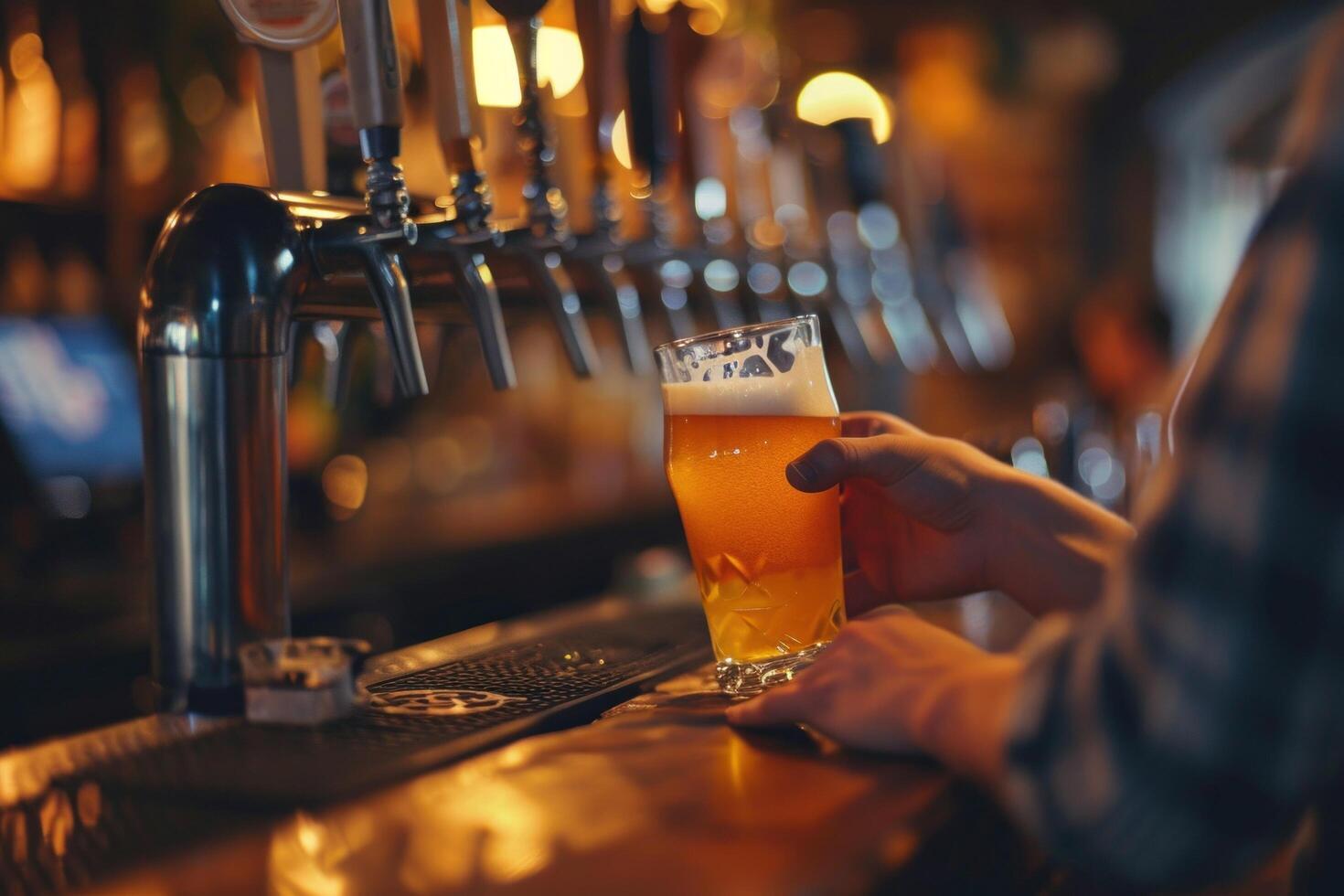 AI generated bartender presents a glass of beer to the bartender on duty photo