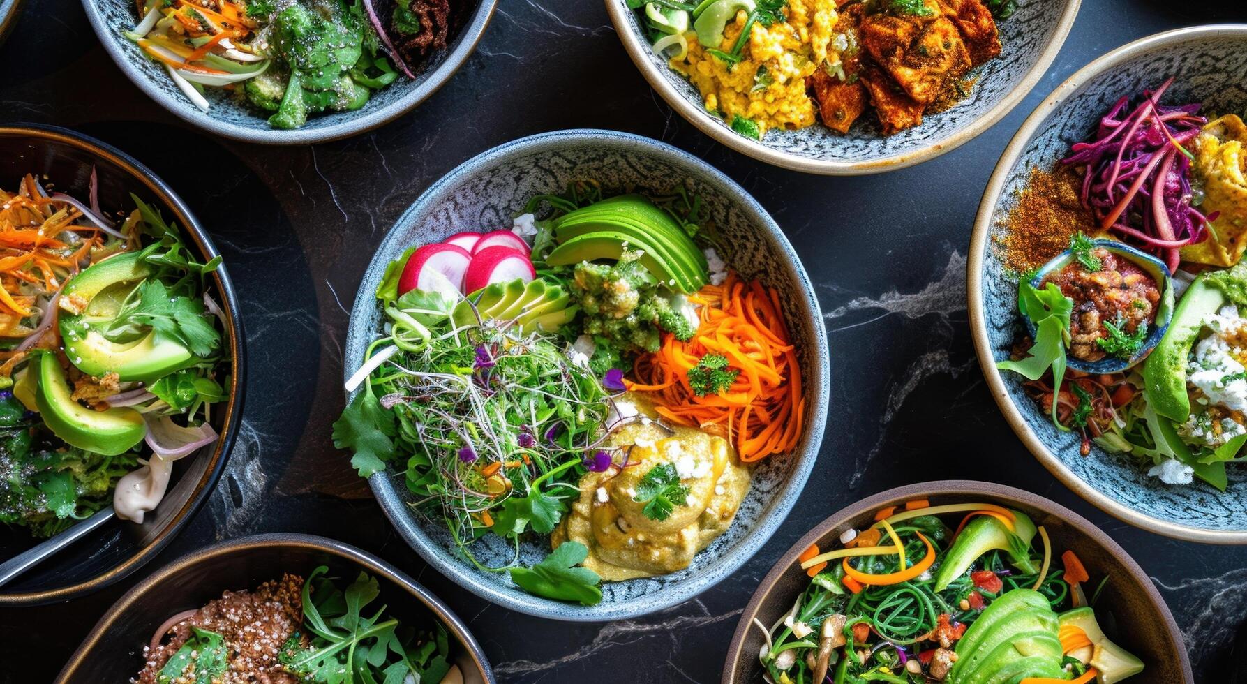 AI generated a table with healthy salads photo