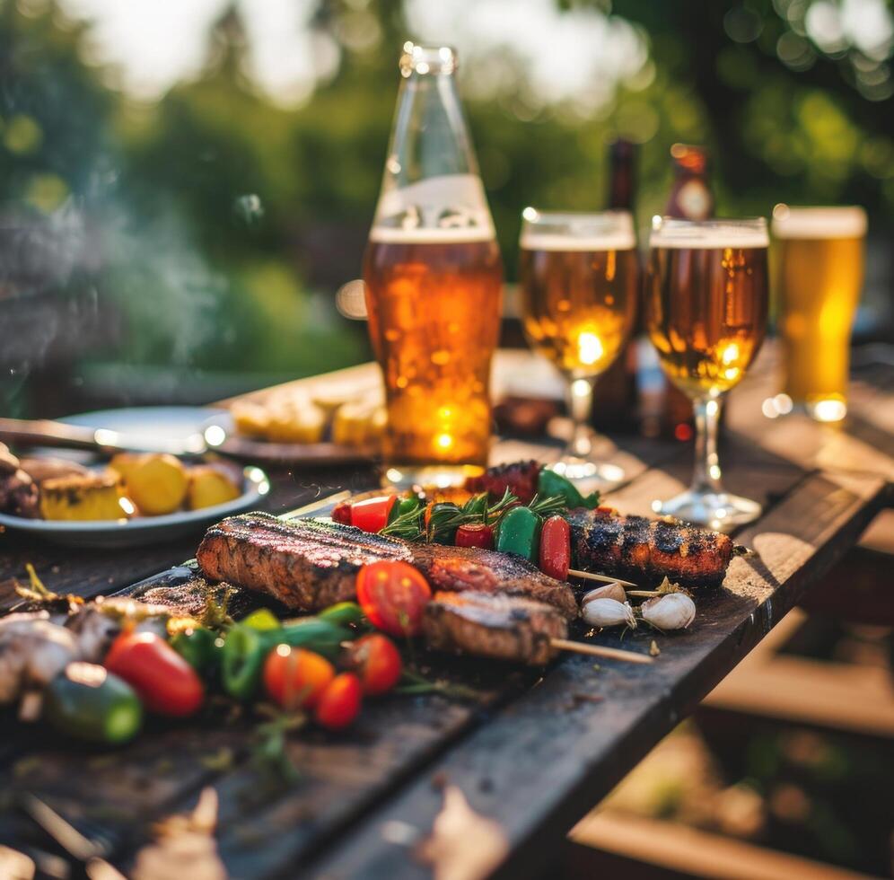AI generated bbq barbecue beer drinking with friends outdoors photo
