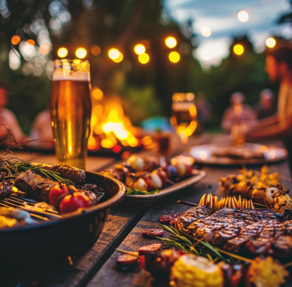 ai generado barbacoa parilla cerveza Bebiendo con amigos al aire libre foto