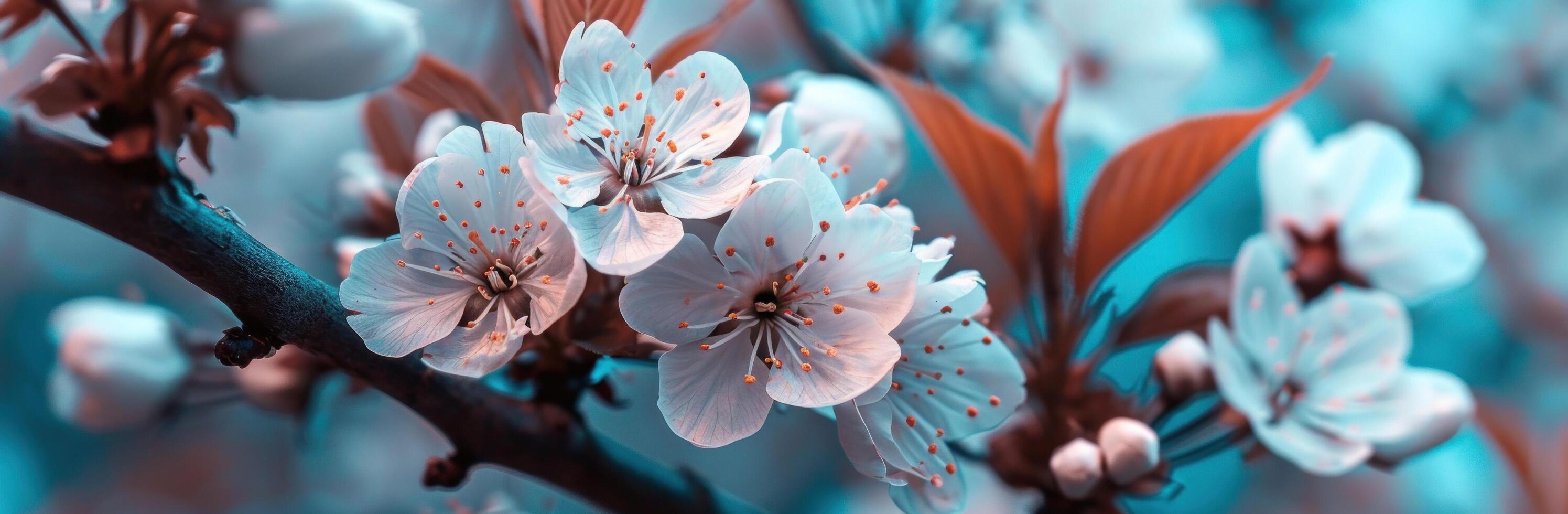 AI generated a white cherry blossom with blue leaves on it photo
