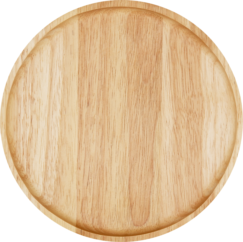 Empty round wooden plate. Top view image. png