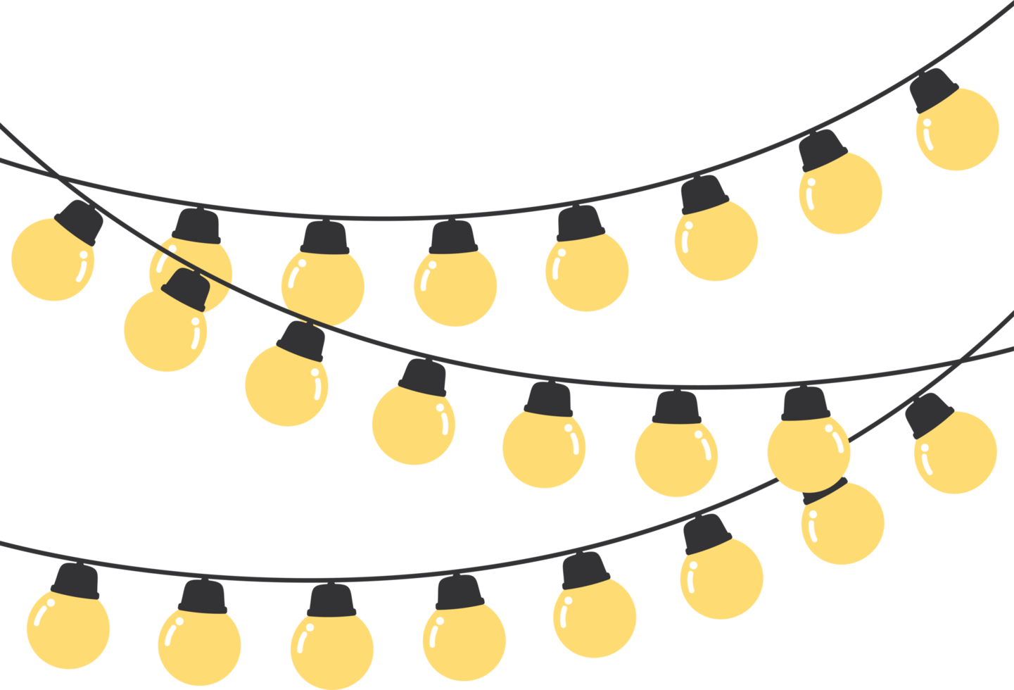 Festive yellow Christmas string light border. Flat design illustration. png