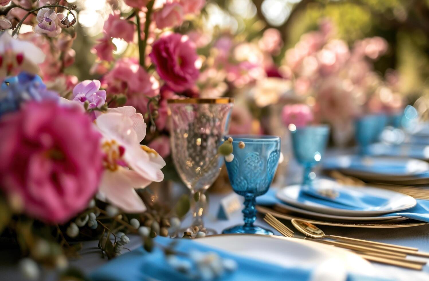 AI generated a table setup with pink and blue flowers photo