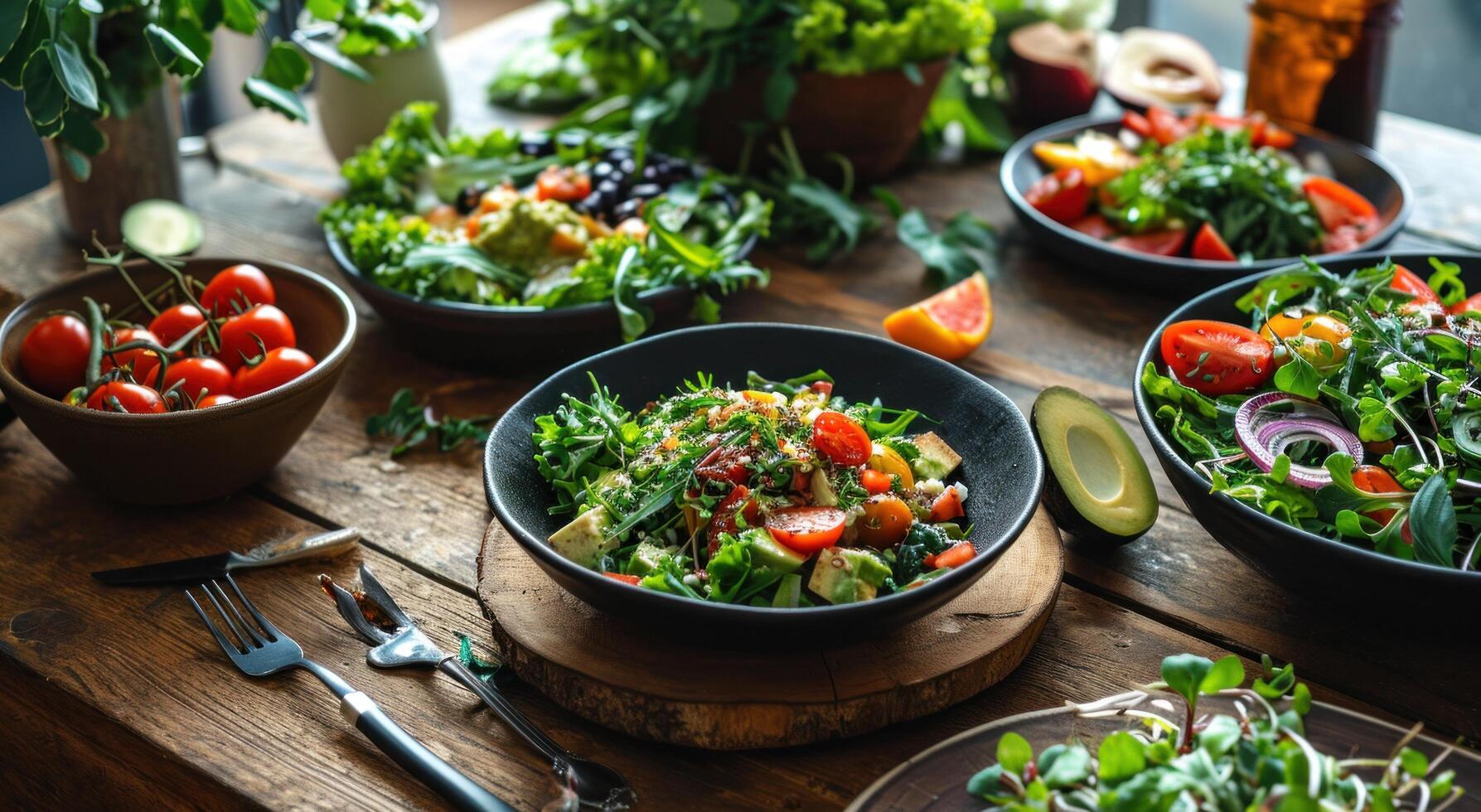 AI generated a table with healthy salads photo
