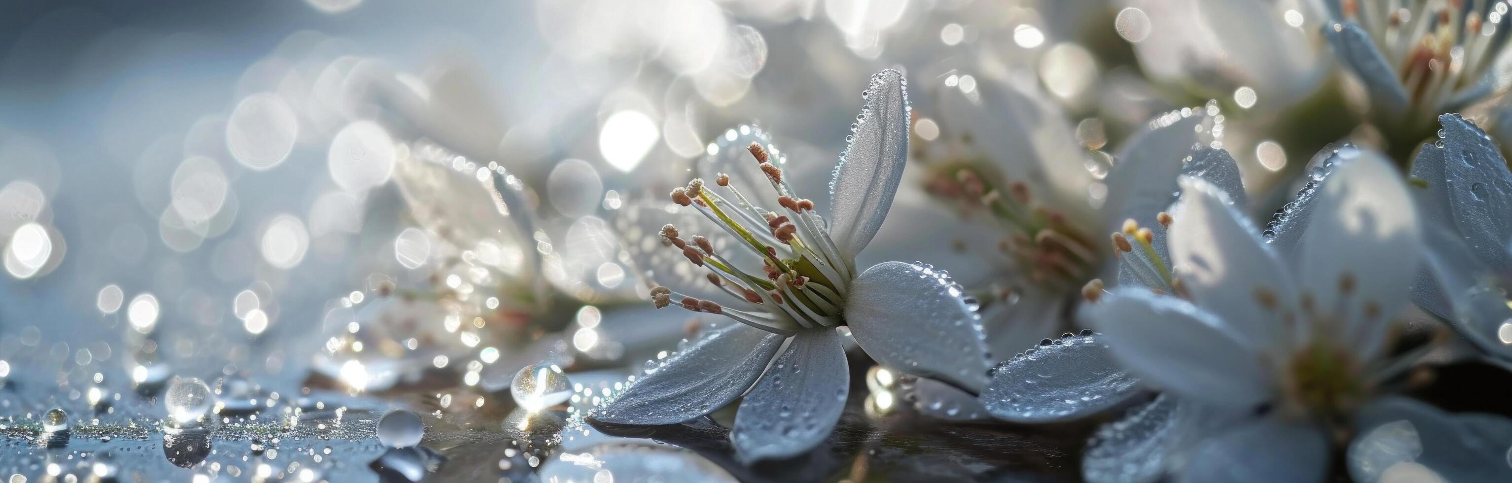 AI generated a white background covered with water drops and snowdrops photo